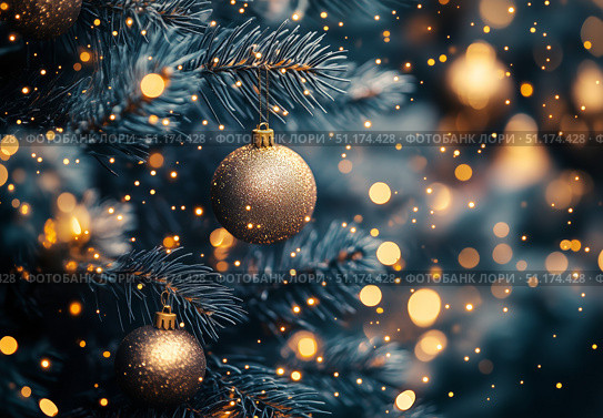 Glimmering Gold Ornaments on a Christmas Tree Illuminated by Soft Lights During the Holiday Season. Стоковое AI-изображение, AI-художник Юлия Гапеенко / Фотобанк Лори