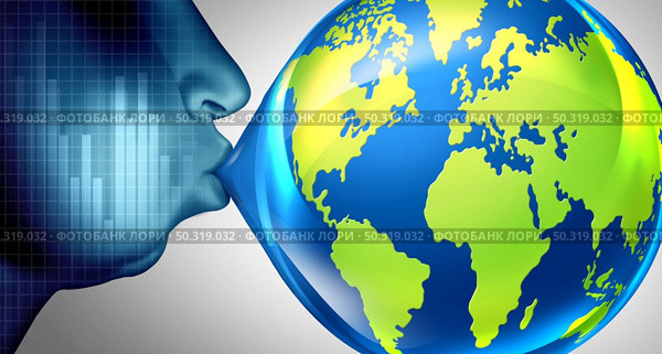 Global inflation and world Economic bubble concept or overvalued economy as a financial crisis and inflated prices as a finance risk to investors and speculative valuation ready to pop with 3D render elements. Стоковое фото, агентство Ingram Publishing / Фотобанк Лори