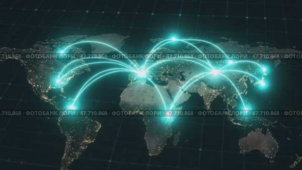 Global network connection with data lines across the world map. Стоковое AI-видео, аниматор KATERINA AI / Фотобанк Лори