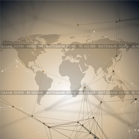 Global network connections, geometric design, technology digital concept. Abstract futuristic background with connecting lines and dots, polygonal linear texture. World map.. Abstract futuristic background with connecting lines and dots, polygonal linear texture. World map. Global network connections, geometric design, technology digital concept. Стоковая иллюстрация, агентство Ingram Publishing / Фотобанк Лори