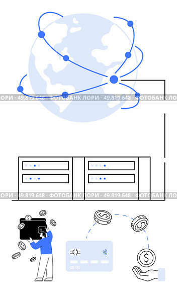 Global network connections with interconnected nodes, data servers, and digital financial transactions. Ideal for technology, finance, international trade, internet, networking, digital economy. Global Connectivity and Digital Transactions Illustrated with Network, Servers, and Financial Exchanges. Стоковая иллюстрация, агентство Ingram Publishing / Фотобанк Лори