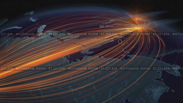 Global network visualization featuring vibrant orange lines connecting worldwide points, representing digital communication, data transmission, and international connectivity. Стоковое AI-видео, аниматор Юрий Поздников / Фотобанк Лори