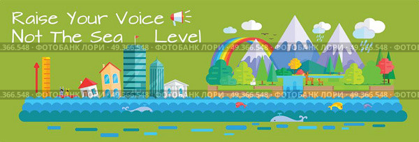 Global warming and sea level increase vector concept. Flat design. City with humans drowning by sea level rise. Beautiful nature cartoon landscape with rainbow, mountains, clods, waterfall, animals. . Warming and Sea Level Increase Vector Concept.  . Warming and Sea Level Increase Vector Concept.  . Стоковая иллюстрация, агентство Ingram Publishing / Фотобанк Лори