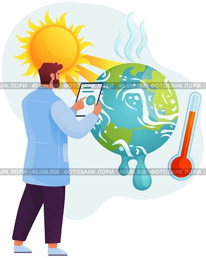 Global warming, ozone layer concept. Scientist studies natural resource depletion problems and issues. Man makes analysis of ecology and environment of planet. Scientific study of Earth ozone layer. Man makes analysis of ecology and environment of planet. Scientific study of ozone layer depletion. Стоковая иллюстрация, агентство Ingram Publishing / Фотобанк Лори