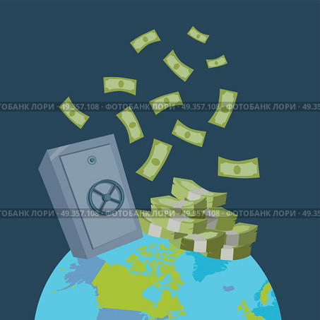 Global Wealth Vector Illustration Flat Design.. Worlds largest wealth concept vector. Pile of banknotes and safe on top of the planet in flat style design. Safety international money transfers. Illustration for credit, savings, payment services. Стоковая иллюстрация, агентство Ingram Publishing / Фотобанк Лори