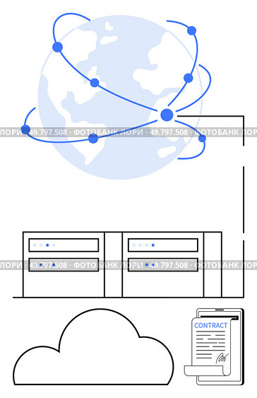 Globe linked with dots, data servers, cloud symbol, mobile device displaying contract. Ideal for technology, global networking, cloud storage, data security, online contracts digital transformation. Global Cloud-Based Data Storage and Digital Contracts for Secure Connectivity. Стоковая иллюстрация, агентство Ingram Publishing / Фотобанк Лори