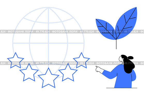 Globe with five stars and woman pointing at leaf. Ideal for global recognition sustainability eco-friendly initiatives environmental awareness nature conservation. Simplistic modern style. Global Excellence and Sustainability Concept with Stars and Woman Pointing. Стоковая иллюстрация, агентство Ingram Publishing / Фотобанк Лори