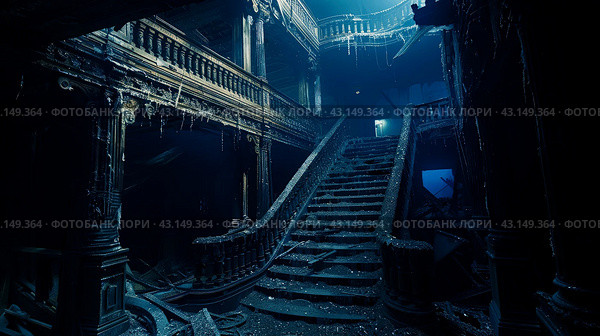 gloomy interior with luxurious staircase of a sunken luxury passenger ship in the rays of light passing through the depths of the ocean. Стоковое AI-изображение, AI-художник Александр Довянский / Фотобанк Лори