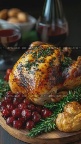 Glorious Golden Roasted Whole Poultry Dish Garnished with Bright Cranberries and Fresh Rosemary for a Festive Occasion. Стоковое AI-видео, аниматор Данила Большаков / Фотобанк Лори