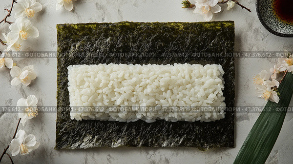 Glossy nori sheet with sushi rice and floral accents. Глянцевый лист нори уложен ровным слоем, а сверху равномерно распределен тонкий, нежный слой риса для суши. Свежие цветочные акценты дополняют элегантную подачу, а рядом стоит чашка чая. Стоковое AI-изображение, AI-художник Katsiaryna Repich / Фотобанк Лори