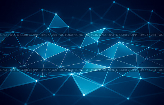 Glowing blue network mesh with interconnected geometric nodes forming abstract digital landscape conveying futuristic technology connectivity data transfer concept. Стоковое AI-изображение, AI-художник Павел Муравьев / Фотобанк Лори