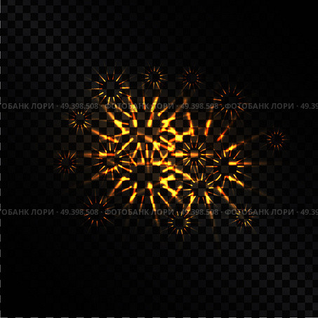 Glowing fiery sparks with golden rays realistic vector light effect on dark transparent background. Shiny elements with light glittering. Explosive flashes, fireworks or magic light illustration. Стоковая иллюстрация, агентство Ingram Publishing / Фотобанк Лори