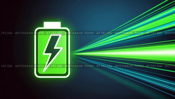 Glowing neon battery icon with lightning bolt on blue gradient background. Стоковое AI-изображение, AI-художник Андрей Бакусов / Фотобанк Лори