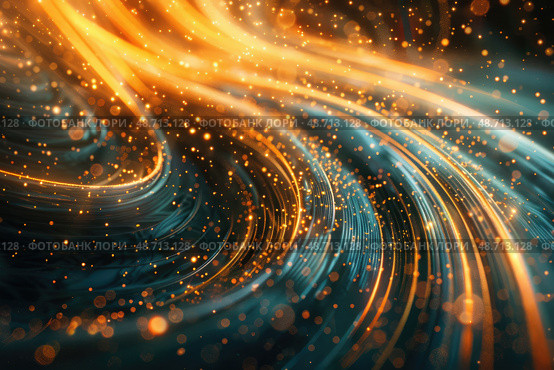 Glowing orange and blue light trails swirl dynamically, creating a mesmerizing effect with shimmering particles dancing in the dark. Стоковое AI-изображение, AI-художник Данила Большаков / Фотобанк Лори