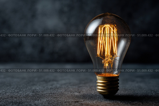 Glowing Yellow Light Bulb. Illuminated Light bulb on dark black background banner. Creative Technology. Vintage Edison Bulbs. Warm Illumination in a night space. New idea, brainstorming concept. Стоковое AI-изображение, AI-художник Марина Демидюк / Фотобанк Лори