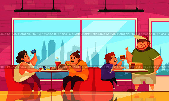 Gluttony and cafe background with people overeating symbols flat vector illustration. Стоковая иллюстрация, агентство Ingram Publishing / Фотобанк Лори