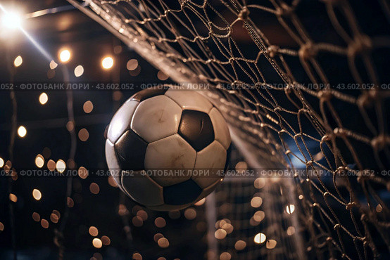 Goal. A soccer ball in the goal net, against a background of sparkling lights and a blurred background. Стоковое AI-изображение, AI-художник Photojuli / Фотобанк Лори