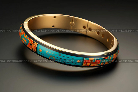 Gold bracelet showing colorful enamel aztec art deco design. Стоковое AI-изображение, AI-художник Иван Рябоконь / Фотобанк Лори