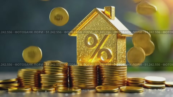 Gold luminous symbol percent in house on stack of gold coins on grey concrete background. Housing construction, discount, coupon, purchase, sale, realtor, mortgage, insurance, booking. AI generated. Стоковое AI-видео, аниматор Ольга Симонова / Фотобанк Лори