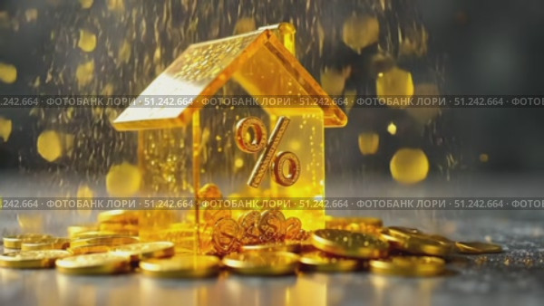 Gold luminous symbol percent in house on stack of gold coins on grey concrete background. Housing construction, discount, coupon, purchase, sale, realtor, mortgage, insurance, booking. AI generated. Стоковое AI-видео, аниматор Ольга Симонова / Фотобанк Лори