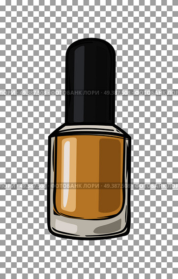 Gold nail varnish in bottle with black lid isolated on transparent background. Fashionable and glamorous nail polish for elegant manicure vector illustration. Modern trendy beauty tool image.. Fashioable Gold Nail Varnish Isolated Illustration. Стоковая иллюстрация, агентство Ingram Publishing / Фотобанк Лори