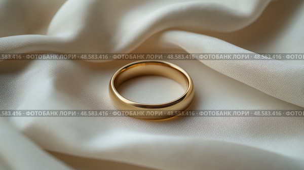 Gold wedding ring resting on elegant satin fabric at a romantic setting. Золотое обручальное кольцо на элегантной атласной ткани в романтической обстановке. Стоковое AI-изображение, AI-художник Katsiaryna Repich / Фотобанк Лори