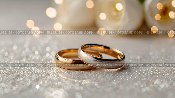 Gold wedding rings on a white background with a side. Wedding rings. The wedding day. The newlyweds. Стоковое AI-изображение, AI-художник Photojuli / Фотобанк Лори