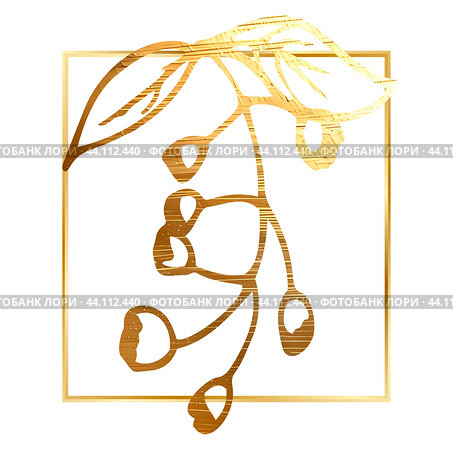 Golden branch, twig, flower,  floral ornament, frame. Стоковая иллюстрация, иллюстратор Наталия Бурма / Фотобанк Лори