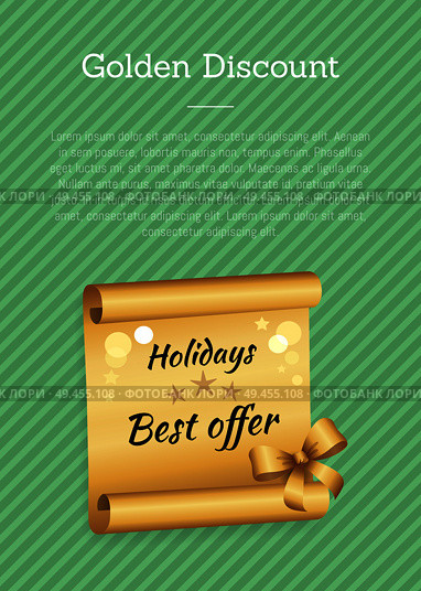 Golden discount holidays best offer poster and text sample with headline, proposition informational banner vector illustration, isolated on green. Golden Discount Green Poster Vector Illustration. Стоковая иллюстрация, агентство Ingram Publishing / Фотобанк Лори