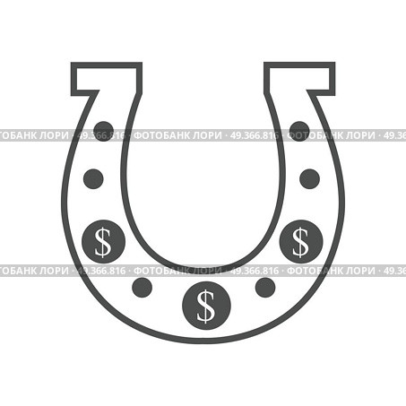 Golden Horseshoe Conceptual Vector Illustration. Monochrome, black horseshoe vector. Traditional symbol of fortune and luck in with dollar signs. Illustration for gambling industry, online game and lottery services. Isolated on white background. Стоковая иллюстрация, агентство Ingram Publishing / Фотобанк Лори
