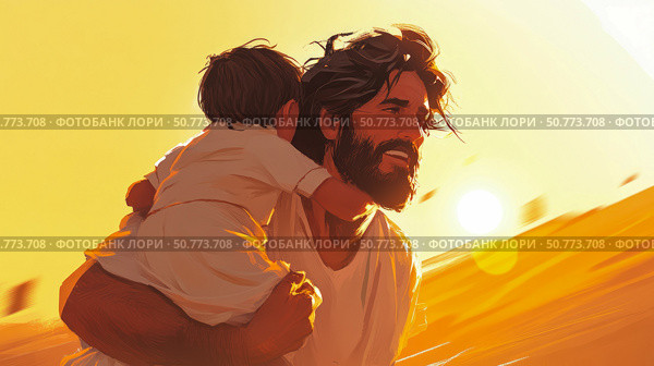Golden Hour Father and Child: A heartwarming illustration of paternal love during sunset. Стоковое AI-изображение, AI-художник Данила Большаков / Фотобанк Лори