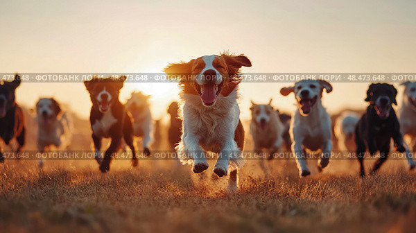 Golden Hour Rush: A pack of excited canines sprints towards the viewer during a radiant sunset, joy and energy captured in motion. Стоковое AI-изображение, AI-художник Данила Большаков / Фотобанк Лори