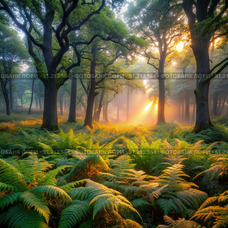 Golden Light Illuminates Oak Forest Clearing at Dusk. Generative AI. Стоковое AI-изображение, AI-художник Roman Zavorotny / Фотобанк Лори