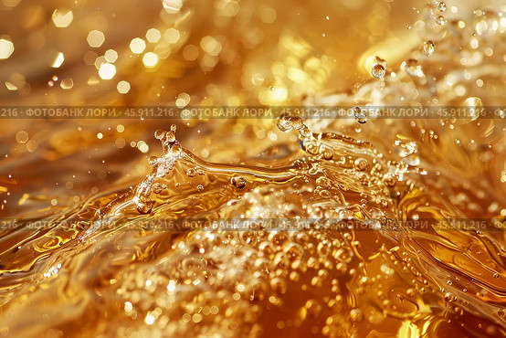 Golden liquid splashing and forming bubbles and ripples. Стоковое AI-изображение, AI-художник Иван Рябоконь / Фотобанк Лори
