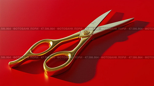 Golden minimalist scissors open on a vibrant red surface. Золотые минималистичные ножницы на яркой красной поверхности. Стоковое AI-изображение, AI-художник Katsiaryna Repich / Фотобанк Лори