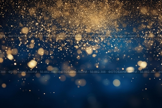 Golden particles falling on blue background creating bokeh effect. Стоковое AI-изображение, AI-художник Иван Рябоконь / Фотобанк Лори