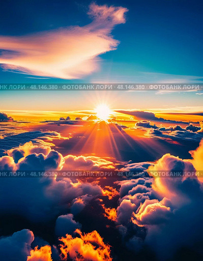 Golden rays spread over the horizon as the sun sets, illuminating billowing clouds in vibrant oranges and blues, creating a captivating natural masterpiece Generative AI. Стоковое AI-изображение, AI-художник Юлия Петровская / Фотобанк Лори