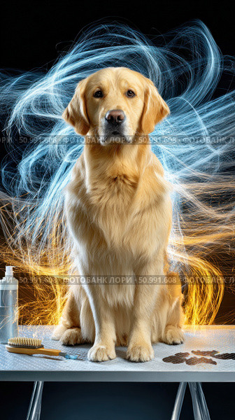 Golden retriever posing on grooming table with light trails effect. Стоковое фото, фотограф Юрий Поздников / Фотобанк Лори