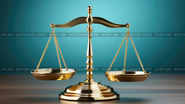 Golden scales on a wooden table with blue background. Generative AI image. Стоковое AI-изображение, AI-художник Сергей Старуш / Фотобанк Лори