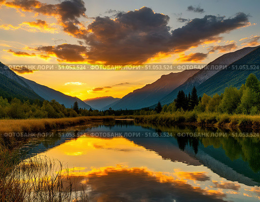 Golden sunset over mountains and lake. Стоковое AI-изображение, AI-художник Ирина Самойлова / Фотобанк Лори
