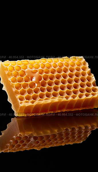Golden wax honeycombs with honey lie on a shiny black background. Created by AI. Стоковое AI-изображение, AI-художник Ярославский Максим / Фотобанк Лори