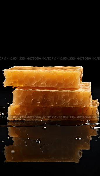 Golden wax honeycombs with honey lie on a shiny black background. Created by AI. Стоковое AI-изображение, AI-художник Ярославский Максим / Фотобанк Лори