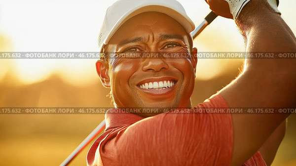 Golfer finishing swing on golf course at sunset. Стоковое AI-изображение, AI-художник Юрий Поздников / Фотобанк Лори