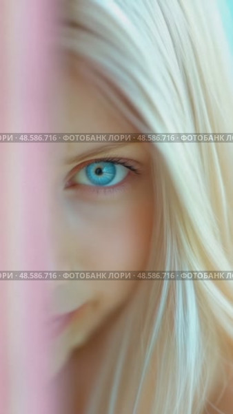 Голубоглазая блондинка застенчиво улыбается и прячет лицо за оранжевой тканью на бирюзовом фоне. Плавное приближение. Стоковое AI-видео, аниматор Sergei Gorin / Фотобанк Лори