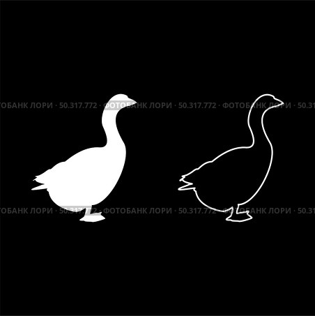 Goose Gosling Geese Anser Gander silhouette white color vector illustration solid outline style simple image. Goose Gosling Geese Anser Gander silhouette white color vector illustration solid outline style image. Стоковая иллюстрация, агентство Ingram Publishing / Фотобанк Лори