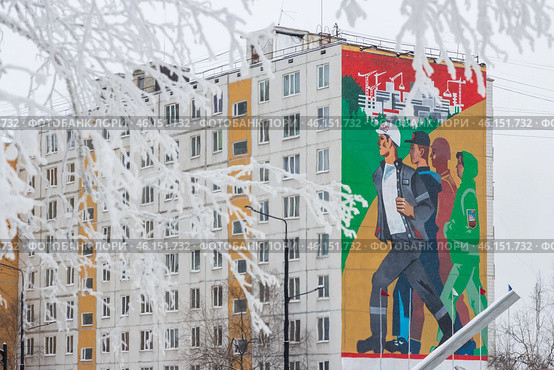 Город Тында, Амурская область, Россия. Вид на большое граффити на стене жилого дома, посвящённое строителям Байкало-Амурской магистрали (БАМ) и города Тынды. Мурал с изображением молодых энергичных людей, идущих на стройку. На переднем плане, покрытые инеем, ветви дерева. (2024 год). Редакционное фото, фотограф Андрей Степанов / Фотобанк Лори