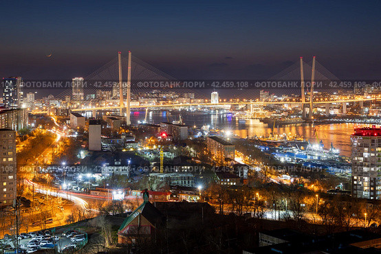 Город Владивосток, Приморский край, Дальний Восток России. Красивый ночной городской пейзаж. Вид сверху на улицы и здания. Вдали большой вантовый мост (Золотой мост через бухту Золотой Рог). У причалов корабли и суда. На тёмном небе луна. Вечерние сумерки. Стоковое фото, фотограф Андрей Степанов / Фотобанк Лори