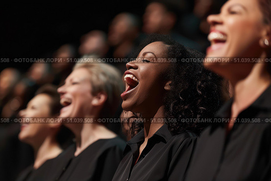 Gospel choir singing with joy and enthusiasm during performance. Стоковое AI-изображение, AI-художник Иван Рябоконь / Фотобанк Лори