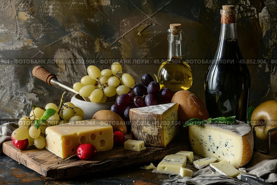 Gourmet cheese and wine pairing with fresh grapes. Стоковое AI-изображение, AI-художник Иван Рябоконь / Фотобанк Лори