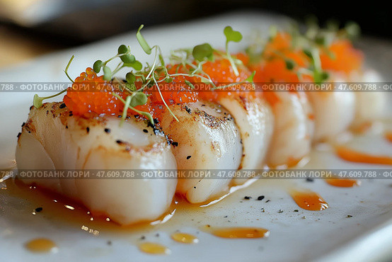 Gourmet seared scallops with vibrant topping served in upscale dining setting. Изысканные морские гребешки с ярким топпингом, подаваемые в высококлассной столовой. Стоковое AI-изображение, AI-художник Katsiaryna Repich / Фотобанк Лори